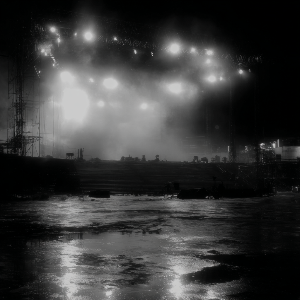 Floodlit stage and reflective ground