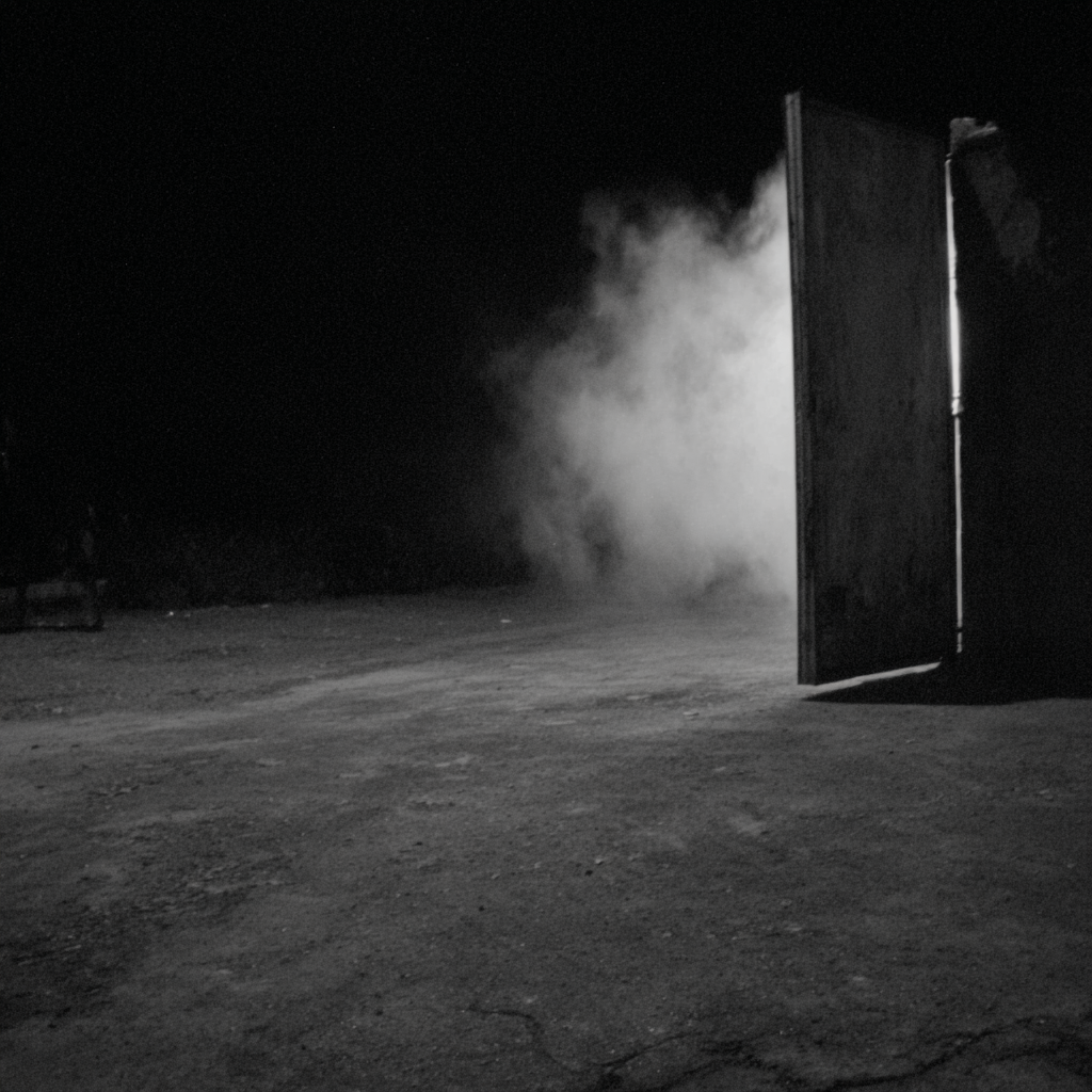 A door opening into smoke and darkness