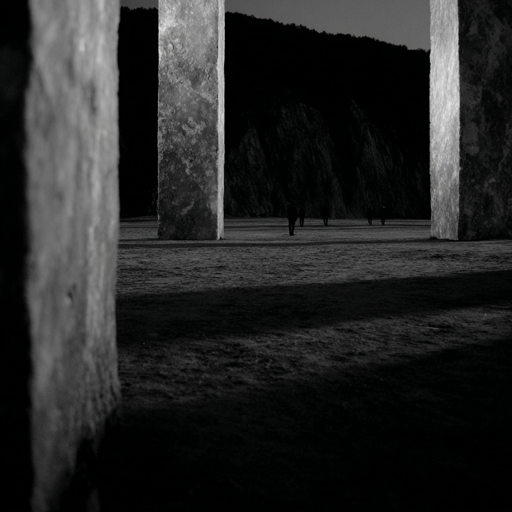 Massive concrete structures in an open landscape